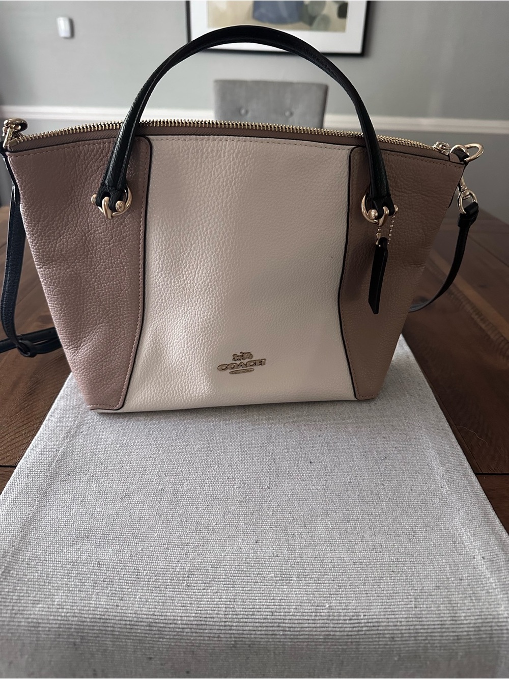 Coach Tricolor Leather Satchel - Tan, Cream & Black Trim